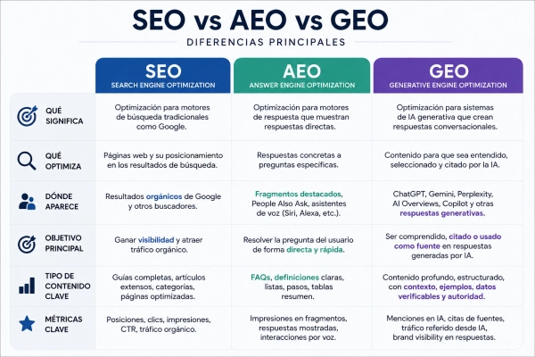 diferencias entre el GEO, SEO Y AEO